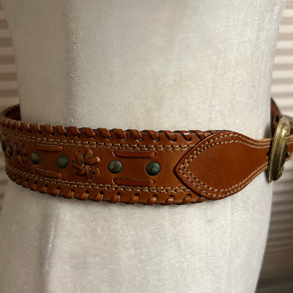 Vintage DKNY Western Leather Belt Whipstitch Boho Y2K Floral Buckle - Picture 5 of 10